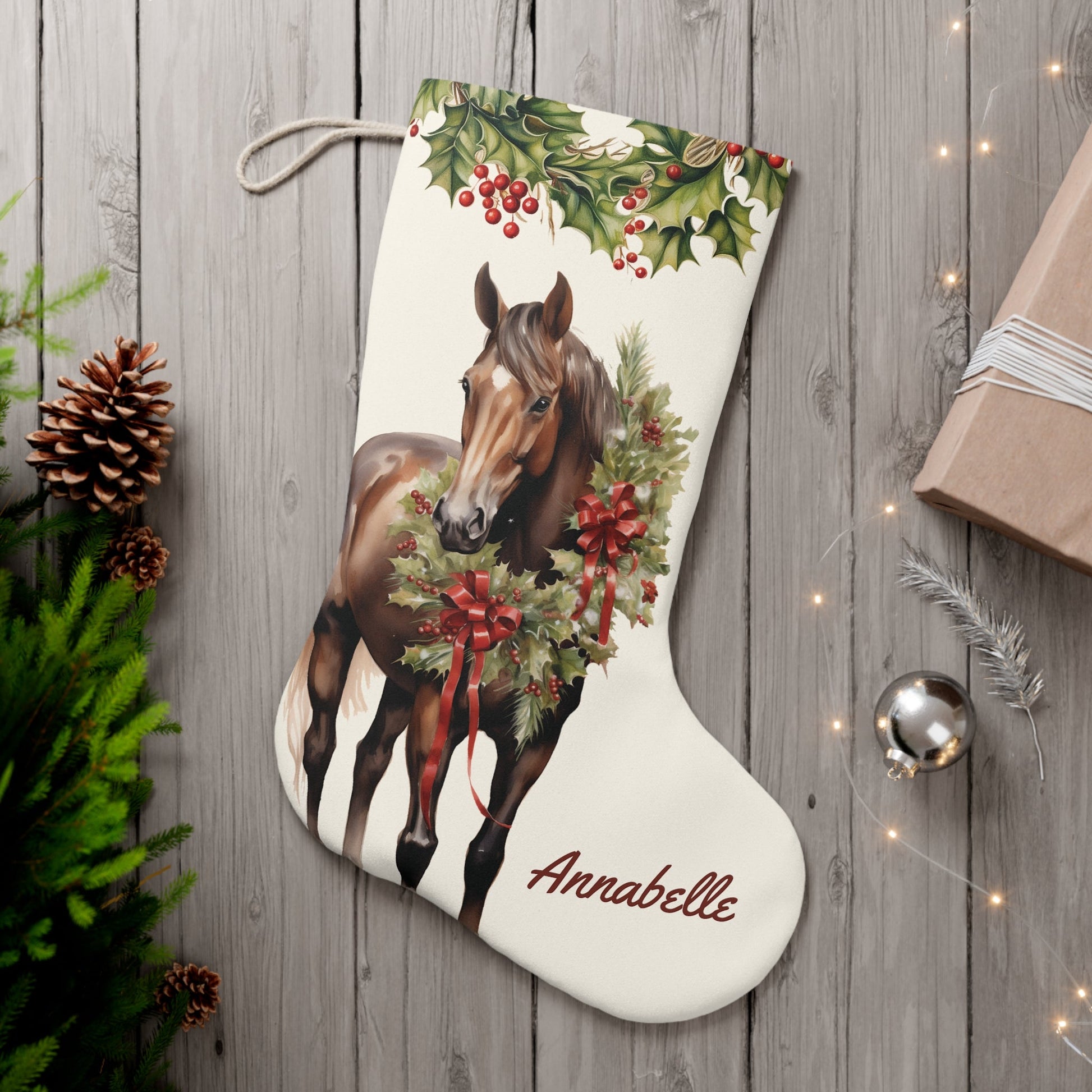 Personalized Brown Bay Christmas Horse #3 Christmas Stocking, Extra Large Holiday Stocking - FlooredByArt