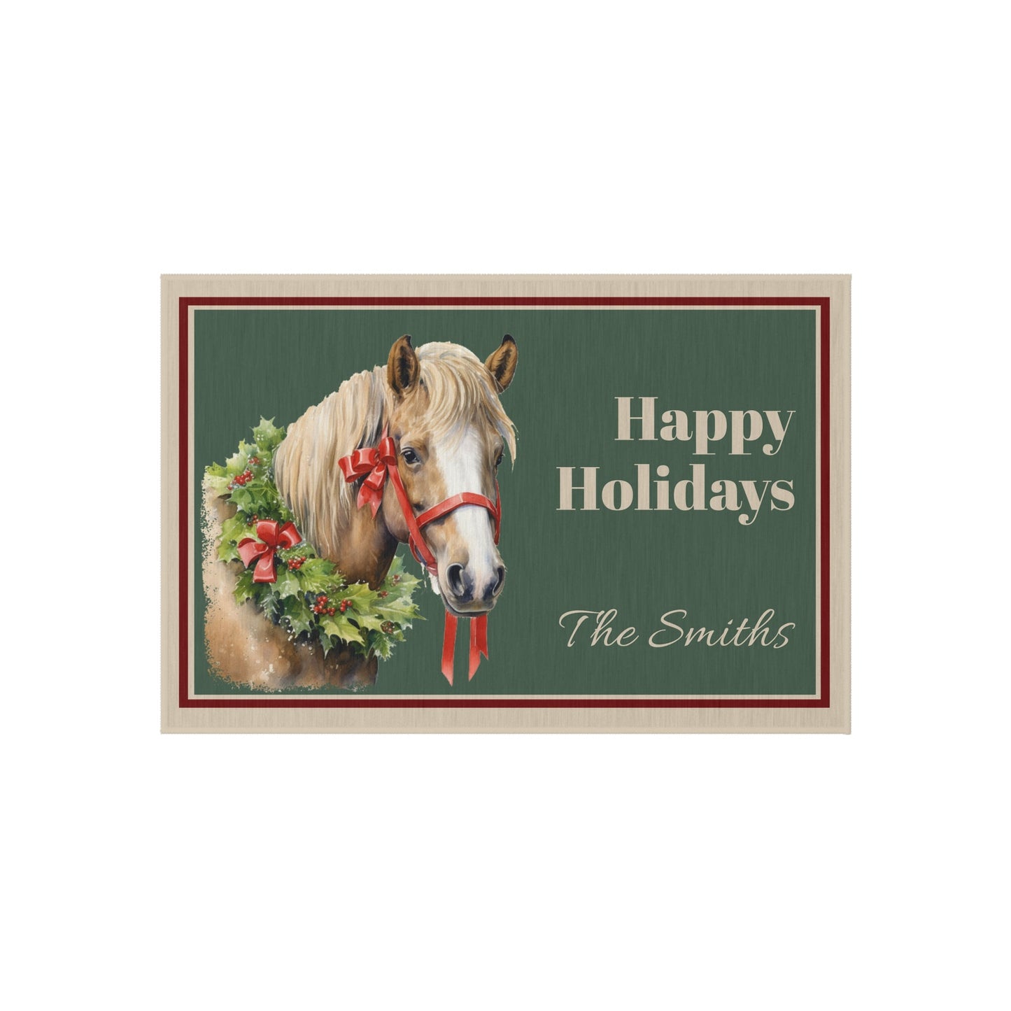 Personalized Chrismas Horse Doormat, Cute Shetland Pony, Indoor Outdoor Rug, Name Holiday Gift - FlooredByArt