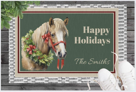 Personalized Chrismas Horse Doormat, Cute Shetland Pony, Indoor Outdoor Rug, Name Holiday Gift - FlooredByArt