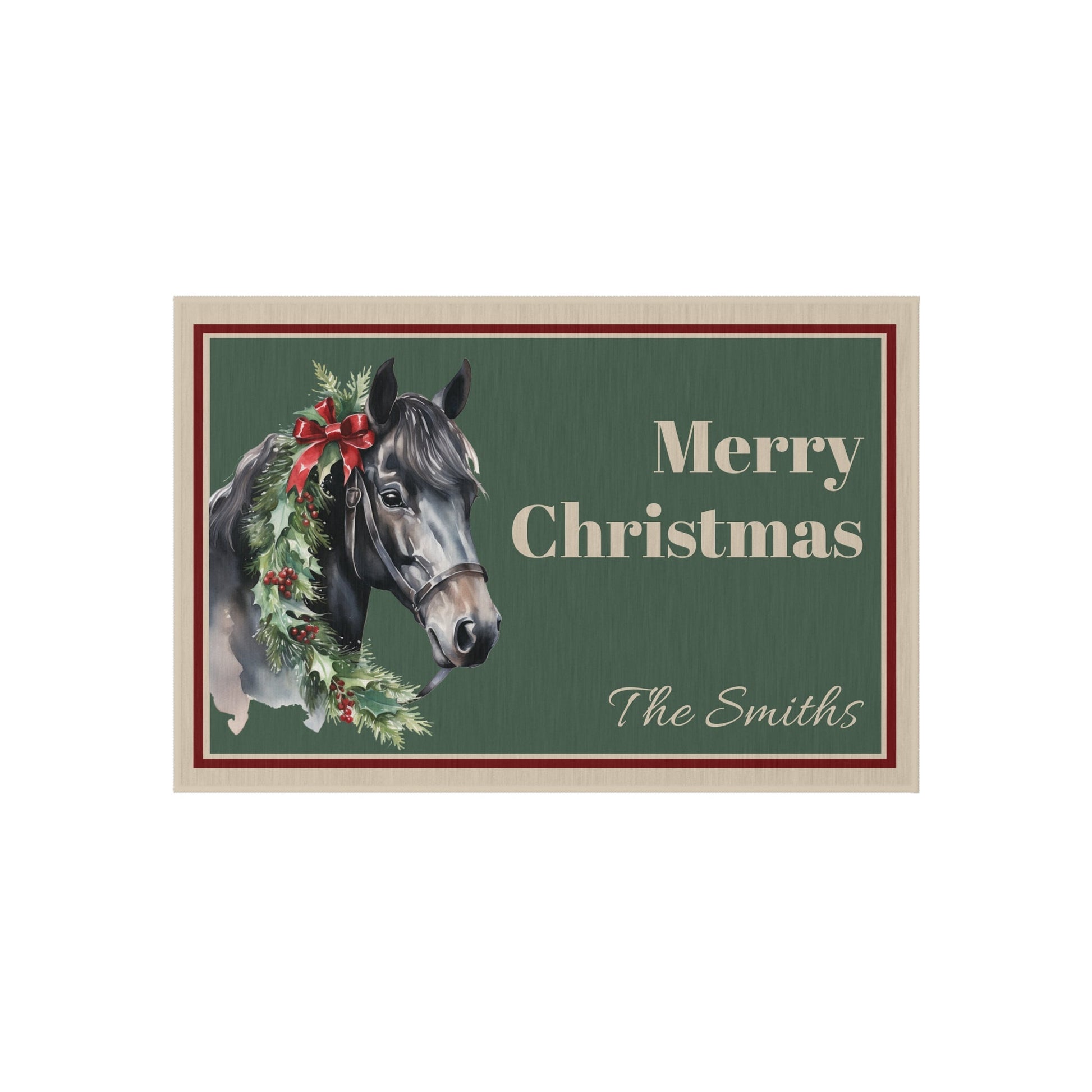 Personalized Chrismas Horse Doormat, Dark Horse Indoor Outdoor Rug, Custom Mat, Holiday Gift - FlooredByArt