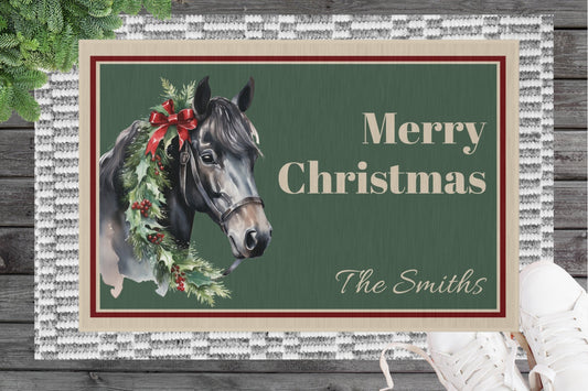 Personalized Chrismas Horse Doormat, Dark Horse Indoor Outdoor Rug, Custom Mat, Holiday Gift - FlooredByArt