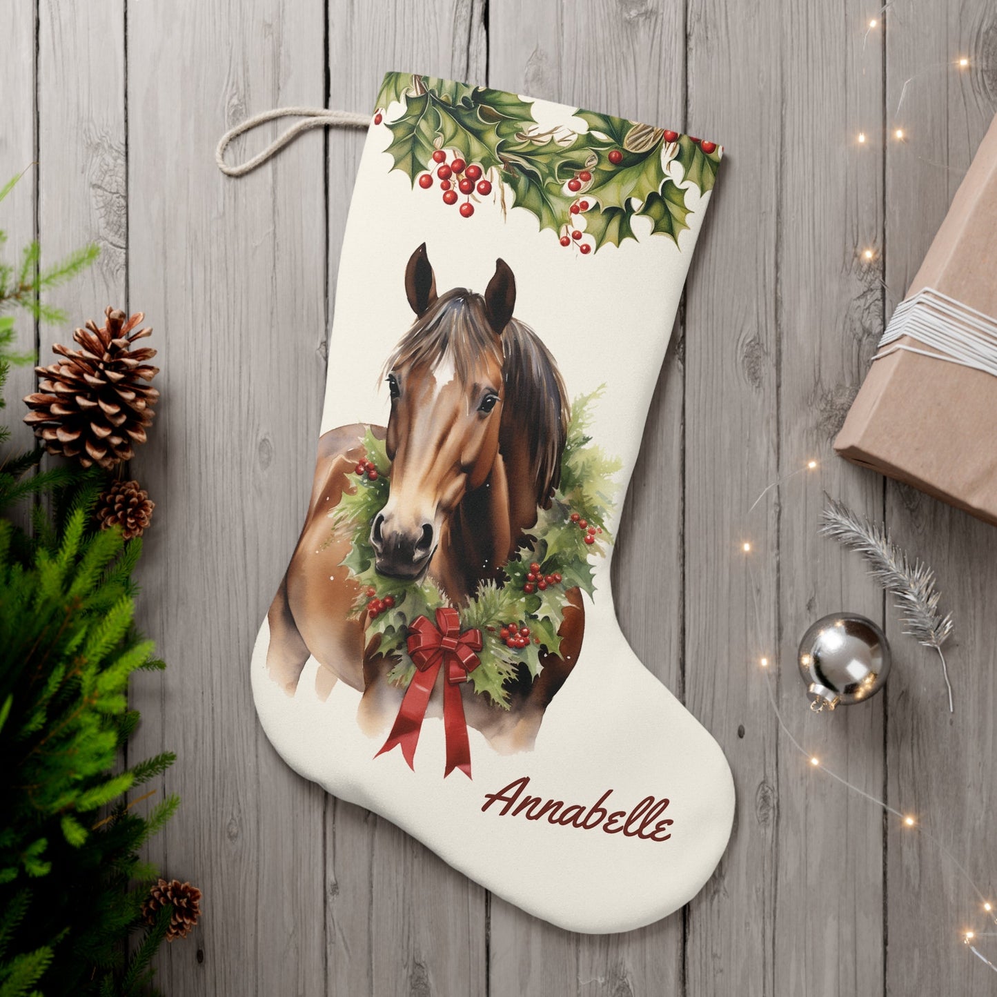 Personalized Christmas Brown Horse #2 Christmas Stocking, Extra Large Holiday Family Stocking - FlooredByArt