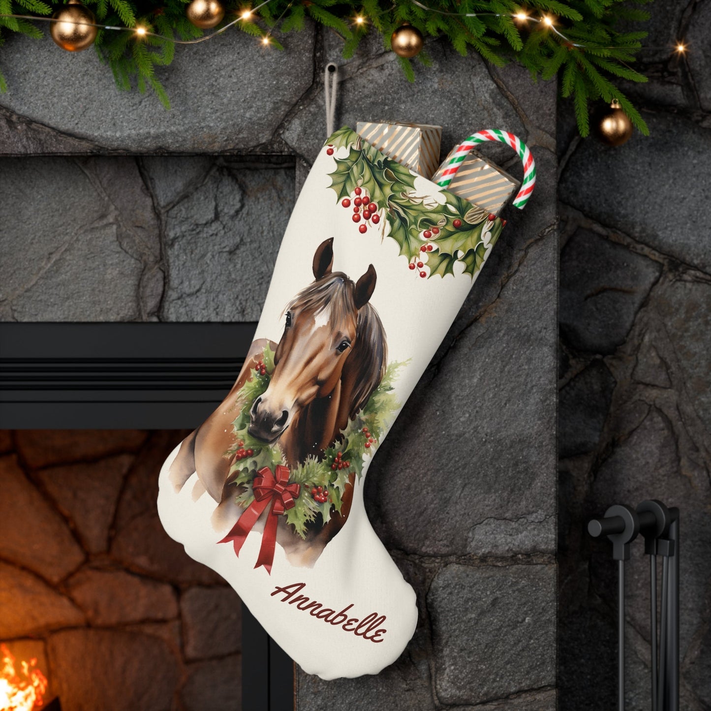 Personalized Christmas Brown Horse #2 Christmas Stocking, Extra Large Holiday Family Stocking - FlooredByArt