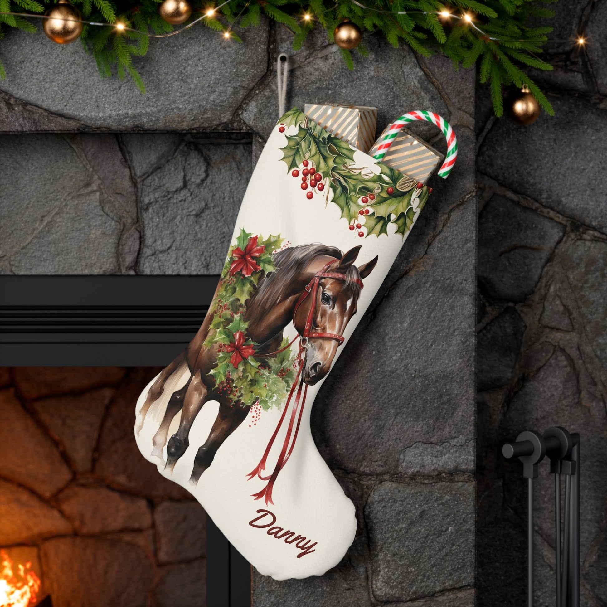Personalized Christmas Brown Horse Christmas Stocking, XL Holiday Stocking - FlooredByArt