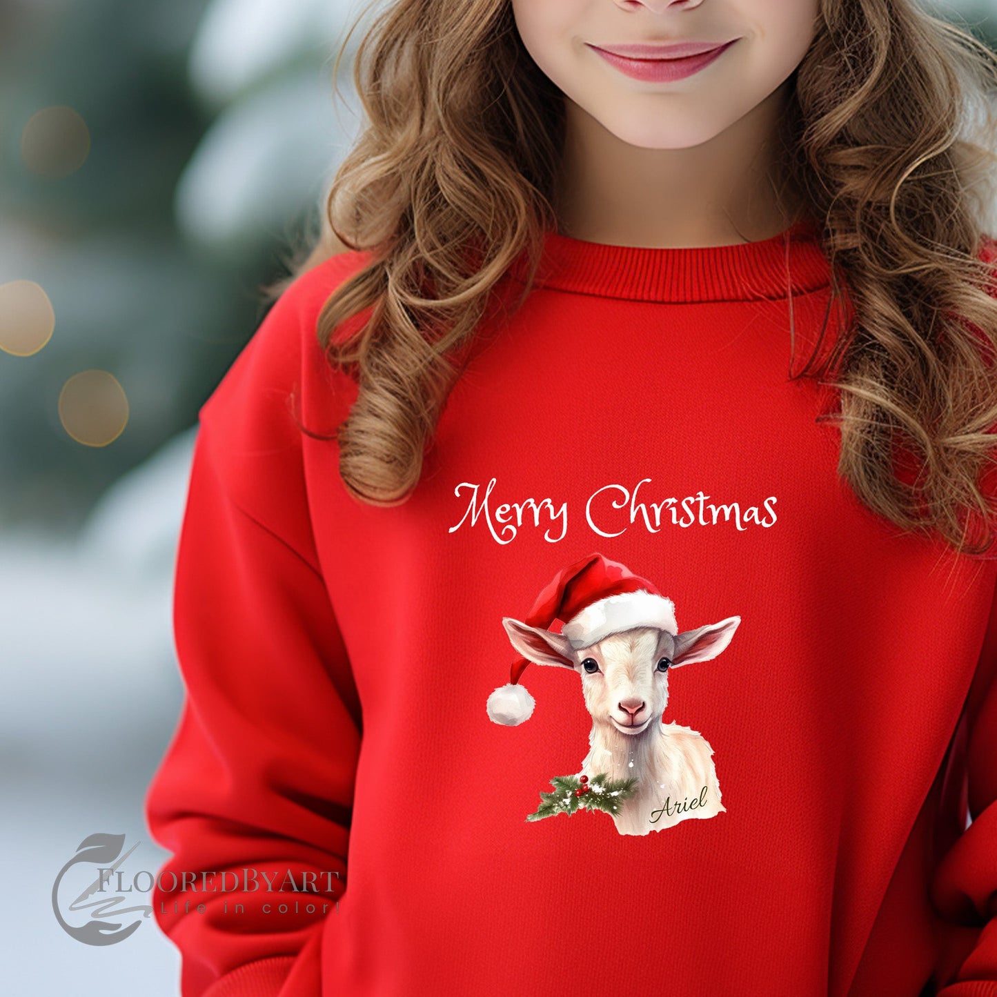 Personalized Christmas Goat Sweatshirt, Cute Goat with Santa Hat Sweater - FlooredByArt