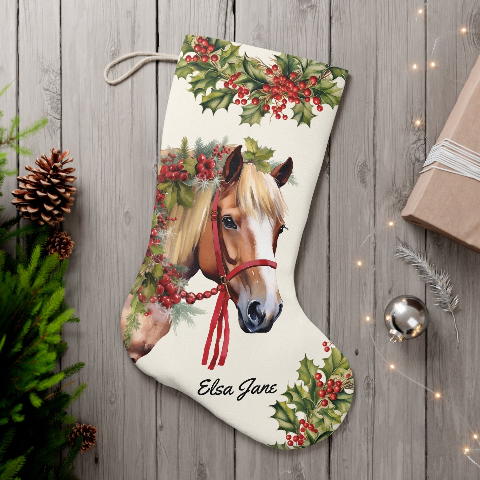 Personalized Christmas Horse Stocking, Belgium Sorrel Draft Horse Holiday Stocking - FlooredByArt