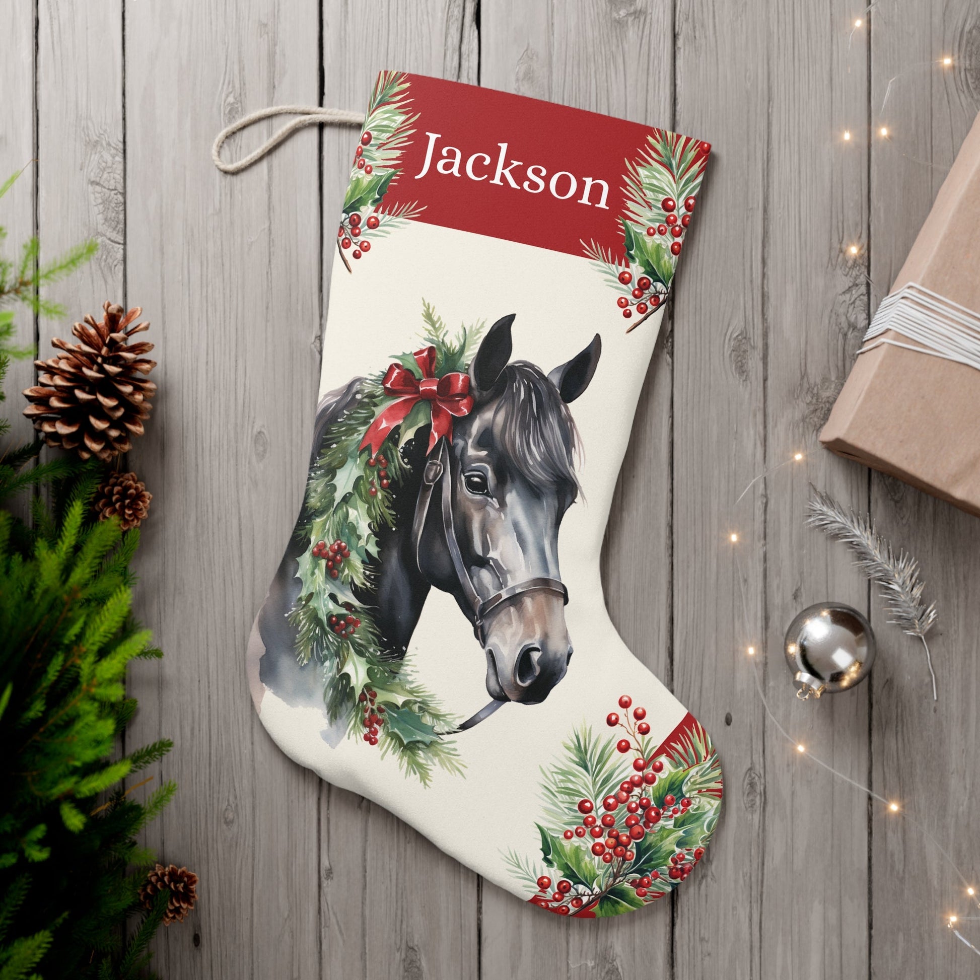 Personalized Christmas Horse Stocking, Black Horse Extra Large Holiday Stocking - FlooredByArt