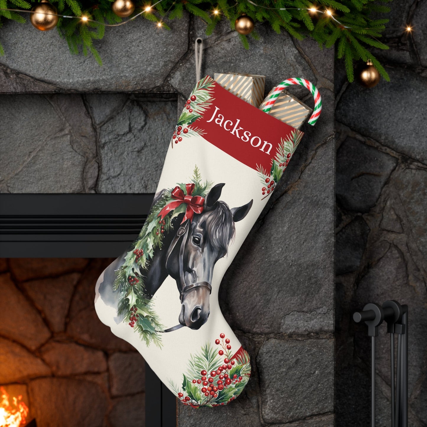Personalized Christmas Horse Stocking, Black Horse Extra Large Holiday Stocking - FlooredByArt
