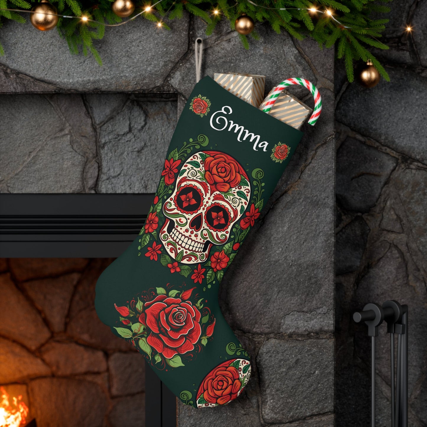 Personalized Christmas Sugar Skull Stocking: Extra Large Day of the Dead Stocking - FlooredByArt