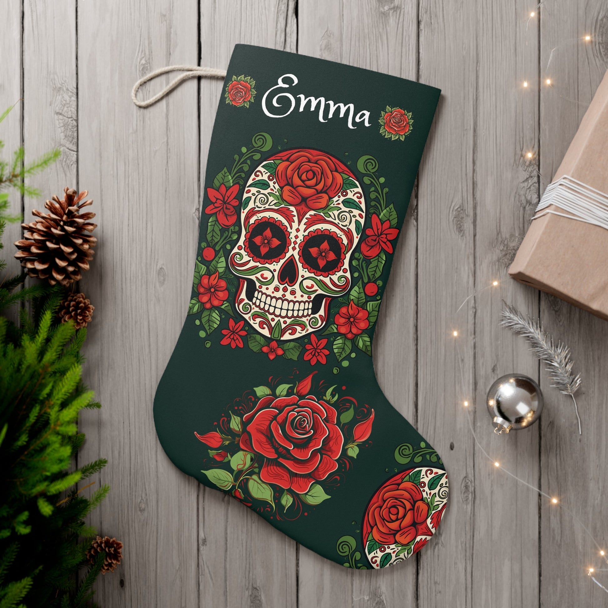 Personalized Christmas Sugar Skull Stocking: Extra Large Day of the Dead Stocking - FlooredByArt