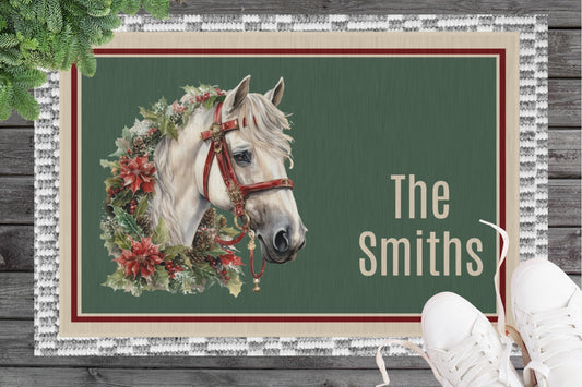 Personalized Christmas White Horse Head Outdoor Holiday Rug - FlooredByArt