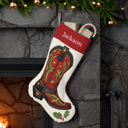 Personalized Cowboy Boots Christmas Stocking, Country Western, Printed Name on Extra Large Stocking - FlooredByArt