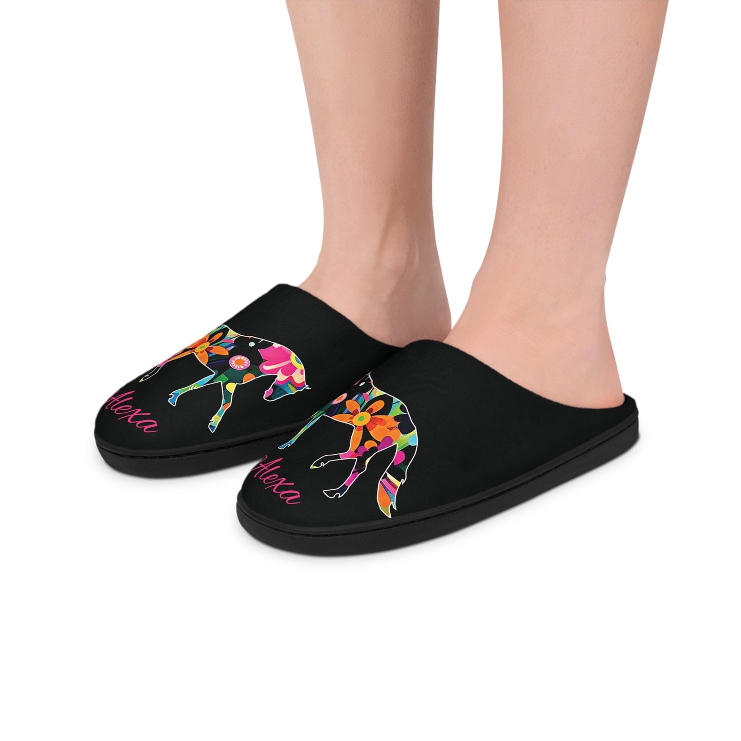 Personalized Floral Cut Out Horse on a Comfy Pair of Slip-On Slipper Scuffs - FlooredByArt