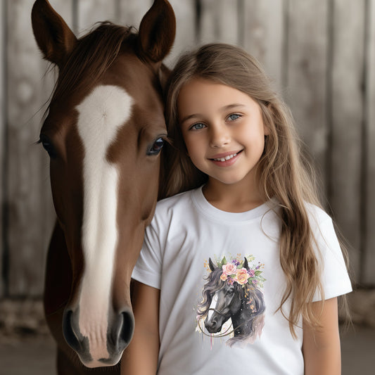 Personalized Girl Horse T-Shirt - Horses & Roses Youth or Toddler Tee Shirt - FlooredByArt