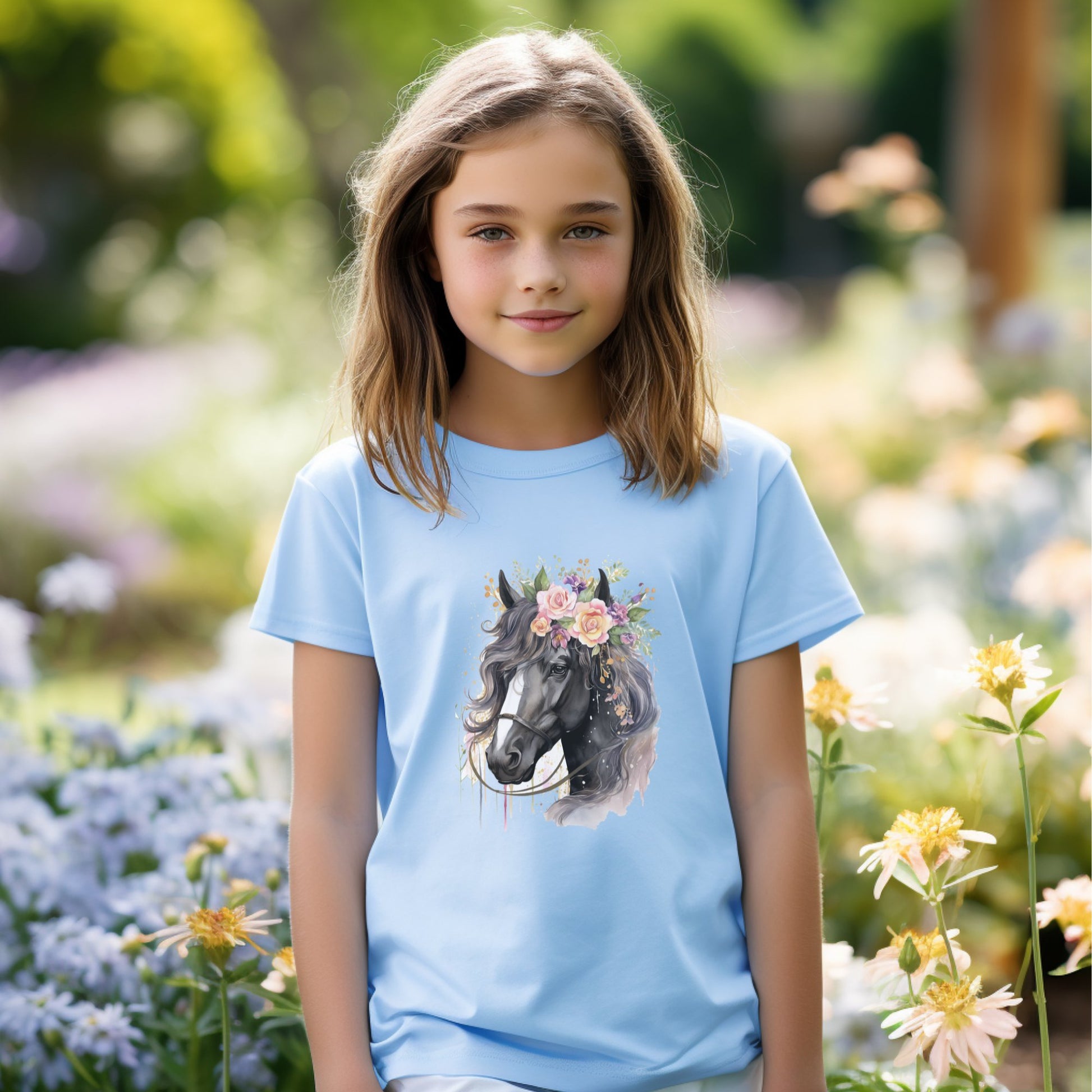 Personalized Girl Horse T-Shirt - Horses & Roses Youth or Toddler Tee Shirt - FlooredByArt