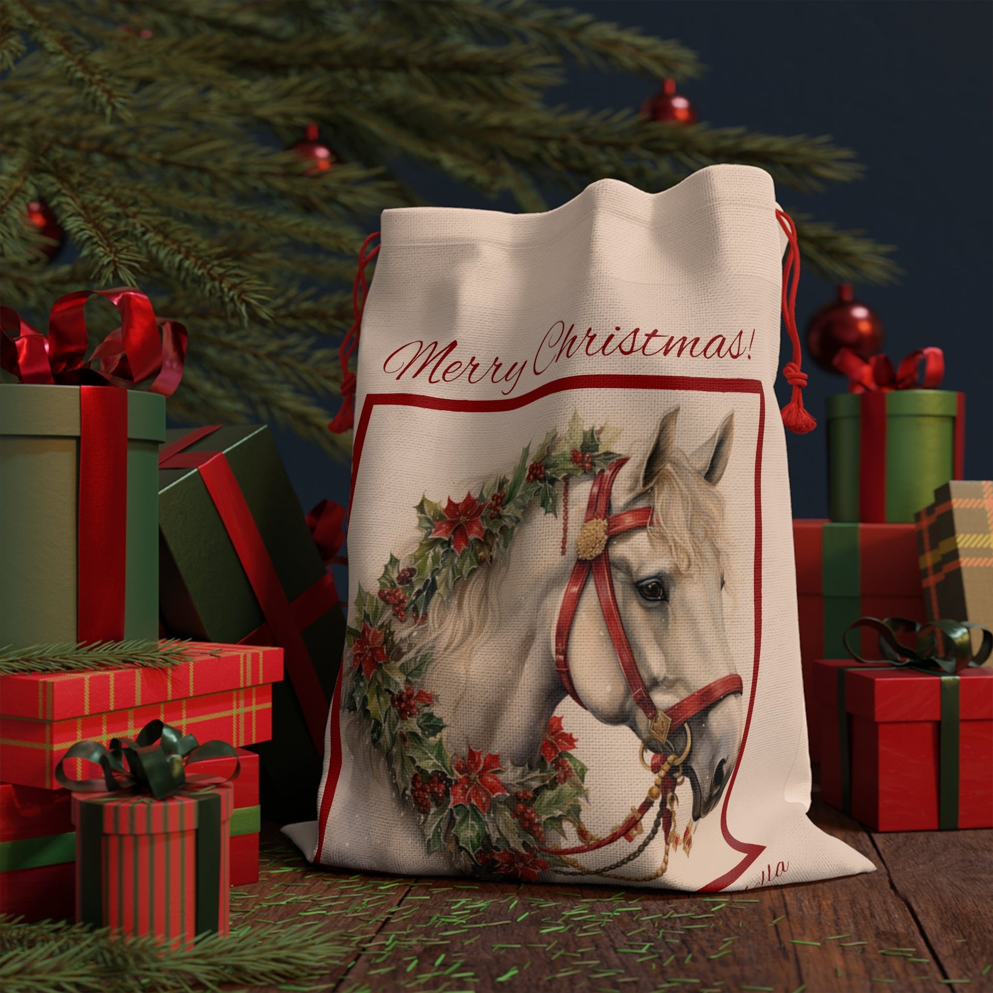 Personalized Horse Gift Bag, 20"x26" Christmas Horse Linen Bag, Unique Artwork, Horse Head Christmas Bag, Merry Christmas Bag for Gift - FlooredByArt