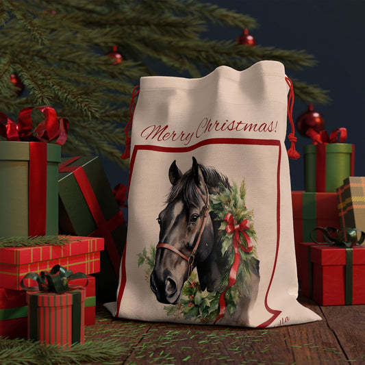 Personalized Horse Gift Bag, Christmas Gift Bag, Horse Head Linen Bag - FlooredByArt