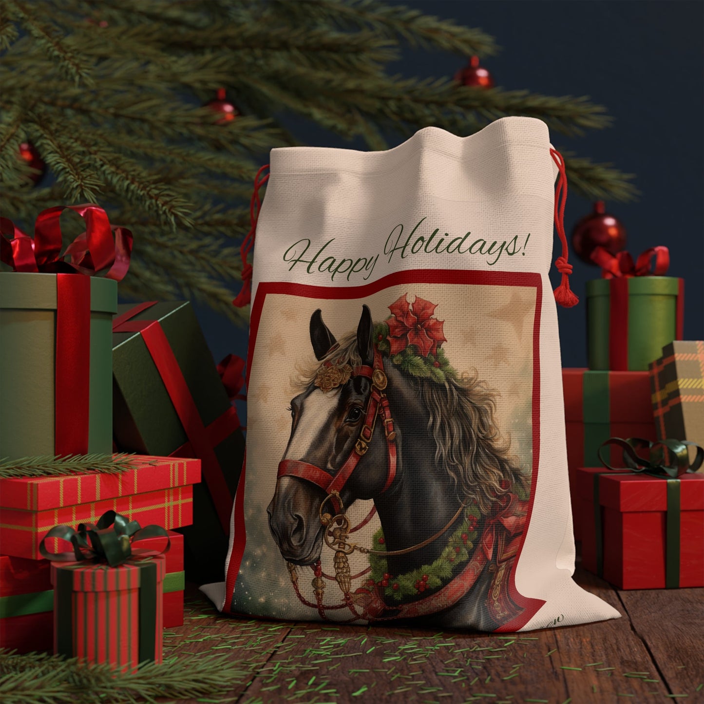 Personalized Horse Gift Bag, Large AP 20"x26" Christmas Horse Linen Bag, Unique Artwork, Horse Christmas Bag, Merry Christmas Bag for Gift - FlooredByArt