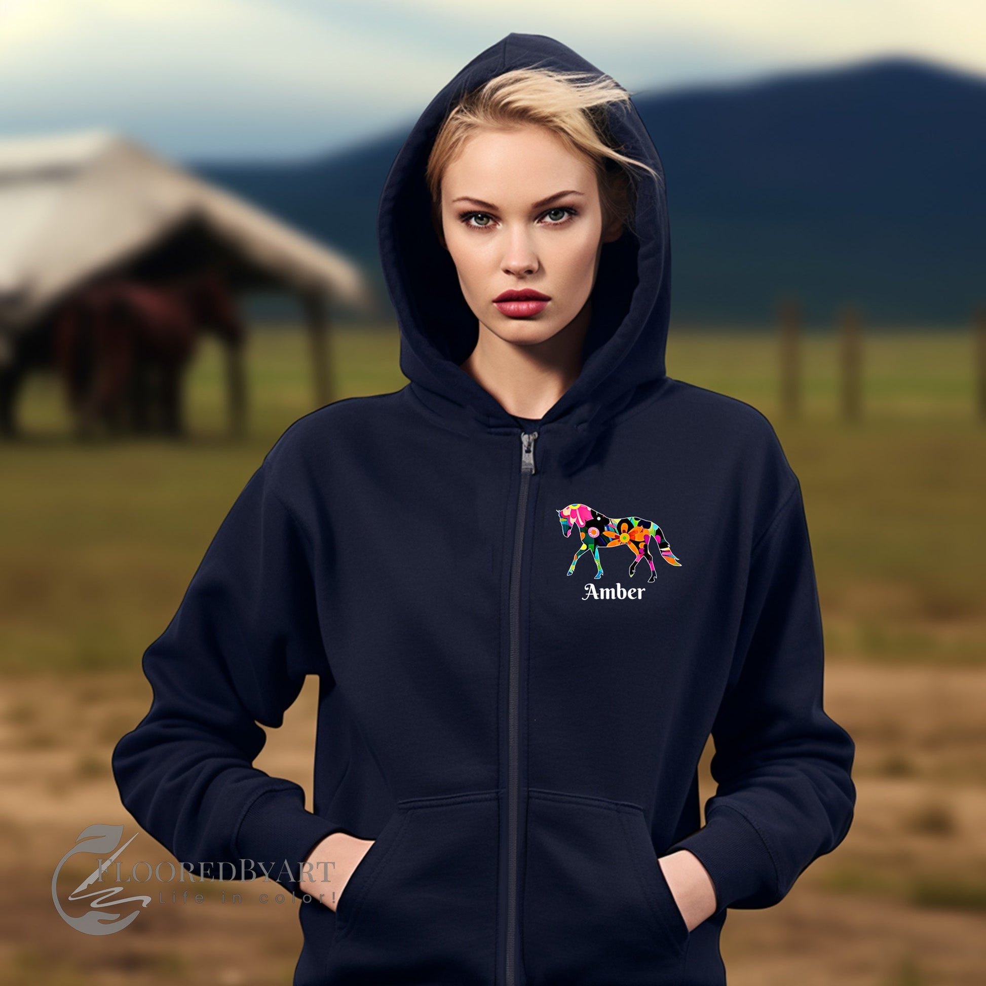 Personalized Ladies Horse Full Zip Hoodie Jacket, Bright Floral Horse Pattern - FlooredByArt