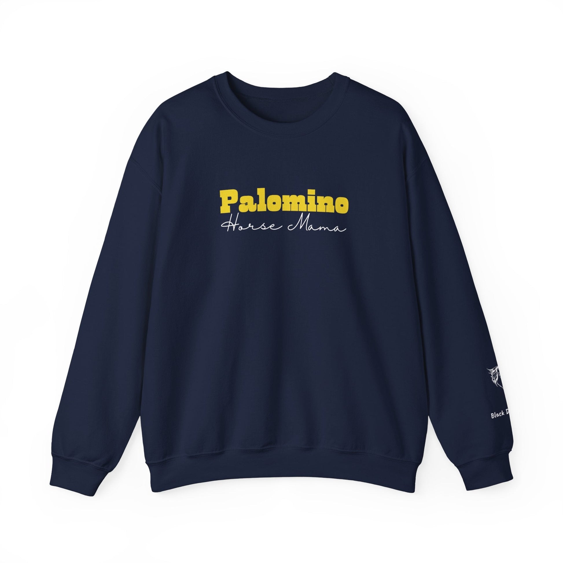 Personalized Palomino Horse Mama Sweatshirt with Horse Name on Sleeve - FlooredByArt
