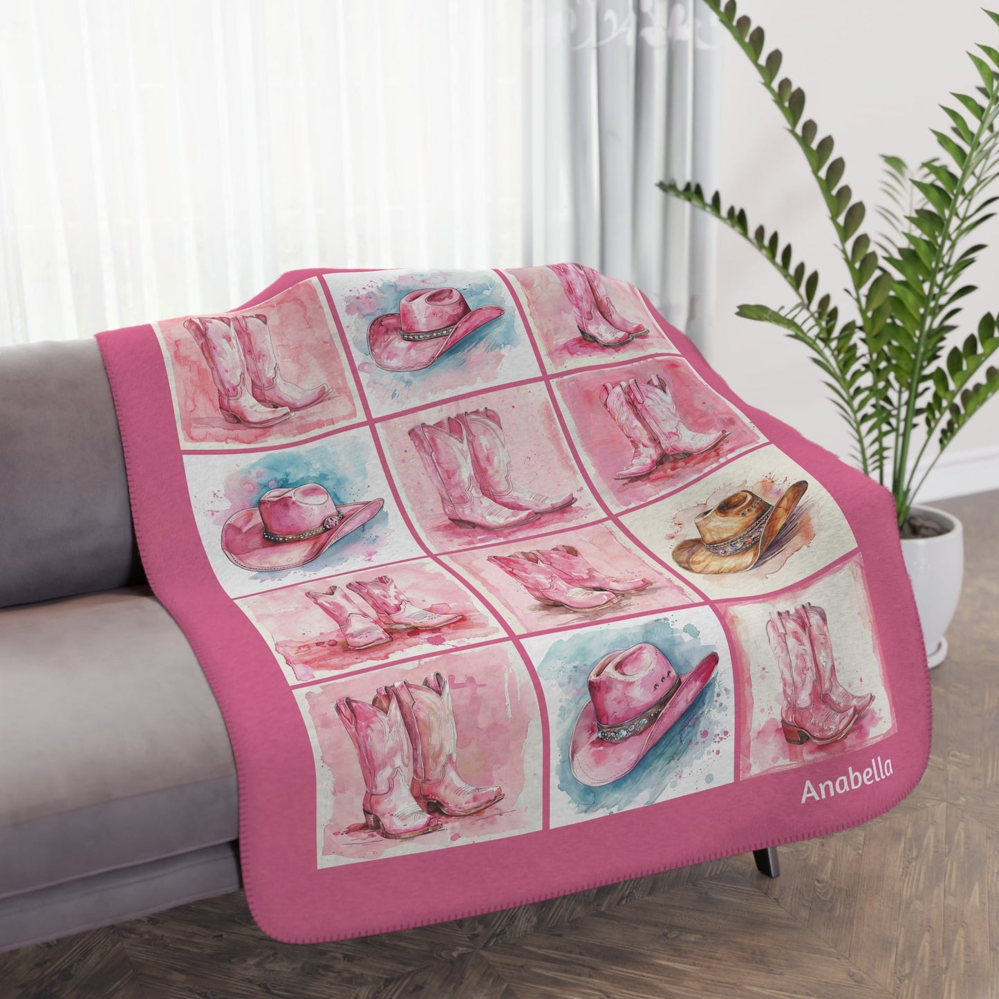 Personalized Pink Cowgirl Minky Blanket Art, Watercolor Cowboy Hat Boots Art Blanket - FlooredByArt