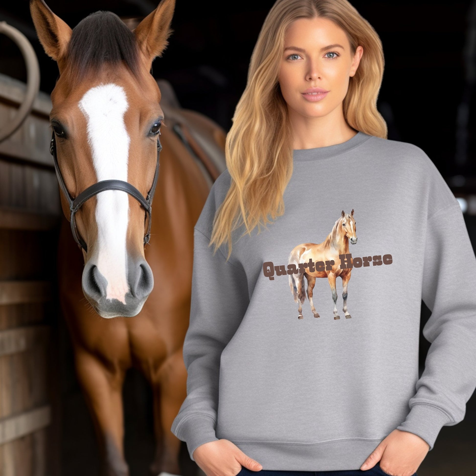 Personalized Quarter Horse Mama Sweatshirt with Horse Name on Sleeve - FlooredByArt