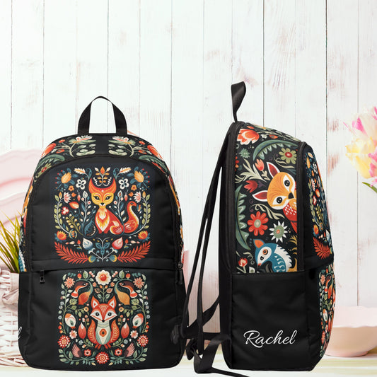 Personalized Scandinavian Folk Art Wildlife Backpack, Fashionable Bookbag - FlooredByArt