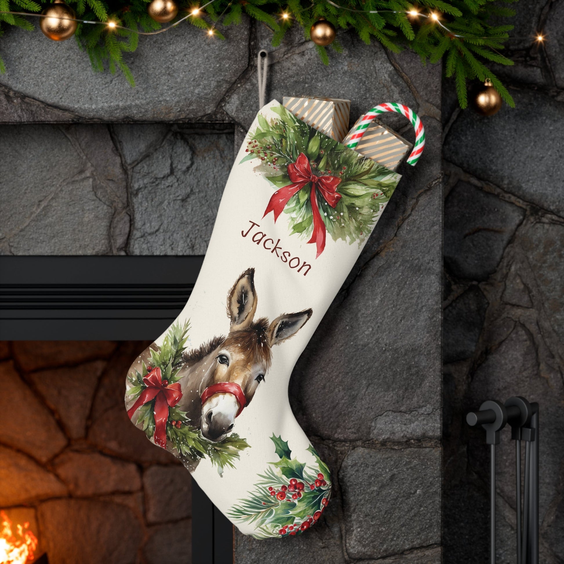 Personalized Unique Donkey / Mules Christmas Stocking #1, Extra Large Holiday Stocking, - FlooredByArt