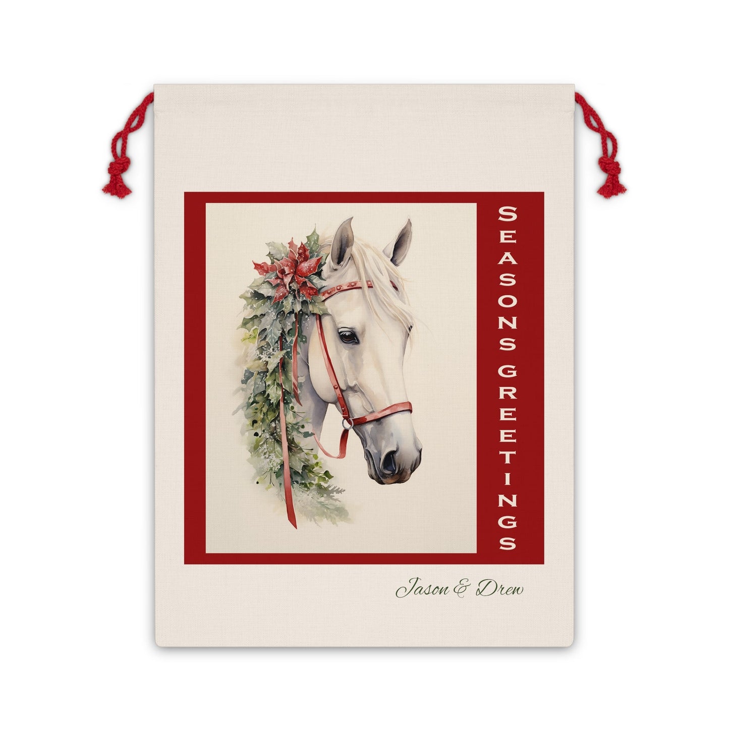 Personalized White Horse Gift Bag, Large AP 20"x26" Christmas Horse Linen Bag - FlooredByArt