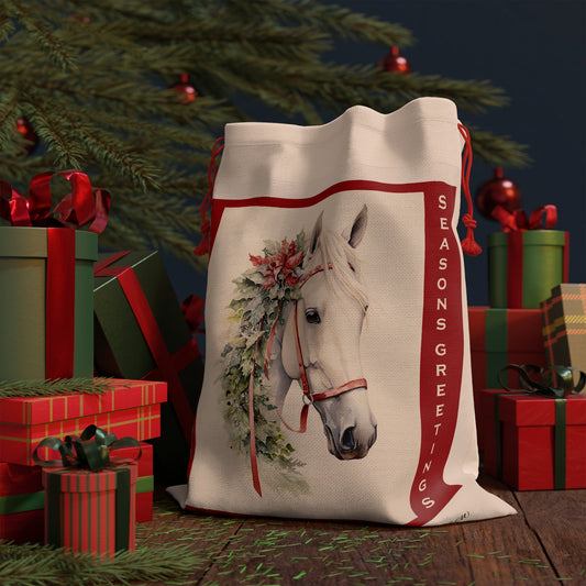 Personalized White Horse Gift Bag, Large AP 20"x26" Christmas Horse Linen Bag - FlooredByArt