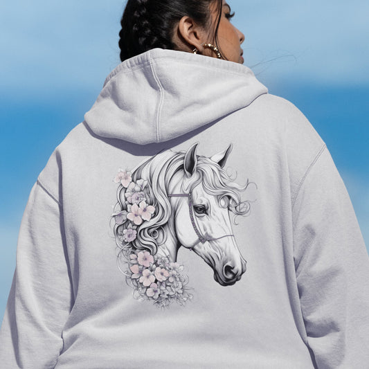 Personalized White Horse Hoodie, Full Zip Wedding Style Jacket, Romatic Horse with Flowers - FlooredByArt