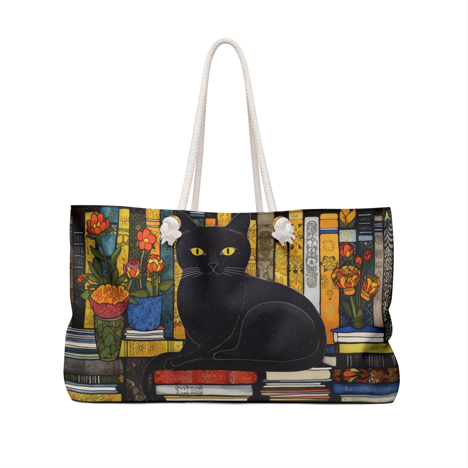 Personalized Womens Cat Tote, Cats & Books Drawing Art, Girl Who Loves Books - FlooredByArt