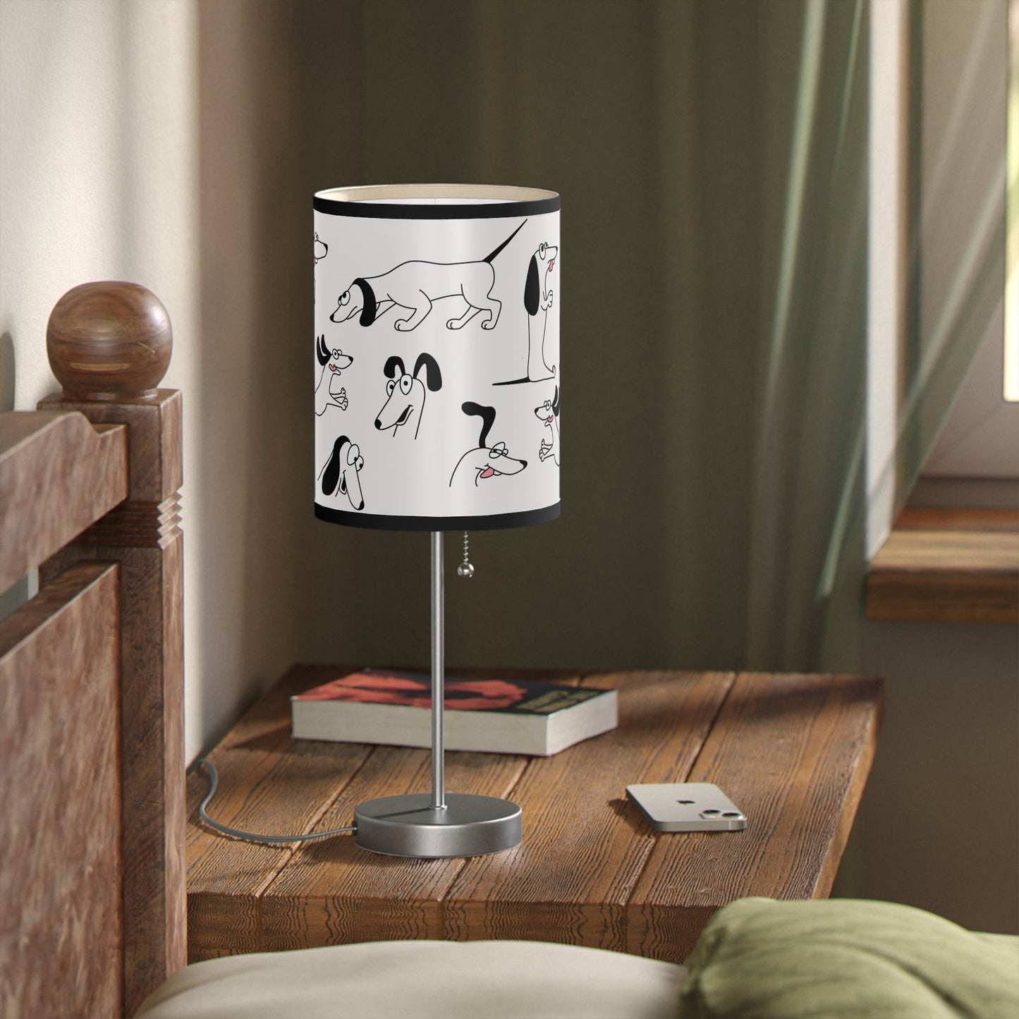 Playful Dog Lamp, Black and White Line Drawings of Dogs Accent Desk Lamp, Lamp Art - FlooredByArt