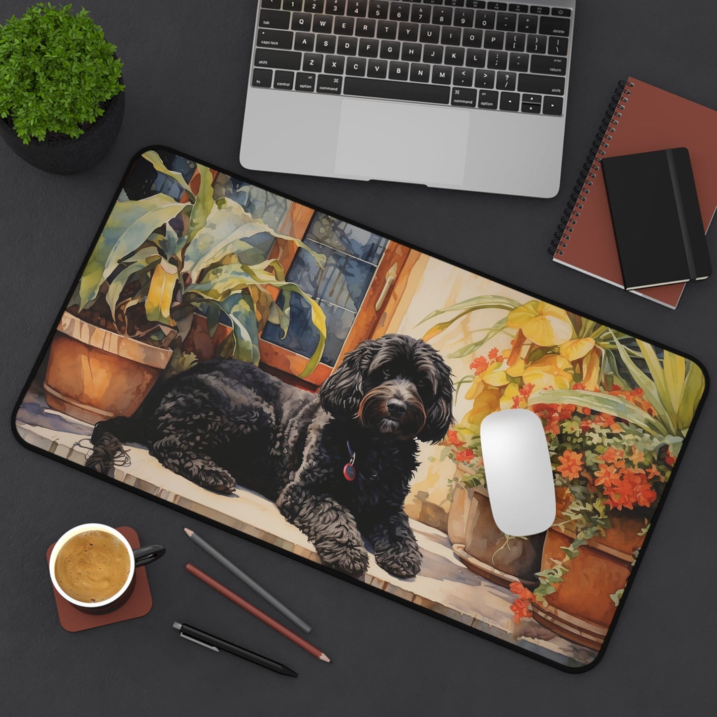 Portuguese Waterdog In Garden Watercolor, Mouse Pad Desk Mat - FlooredByArt