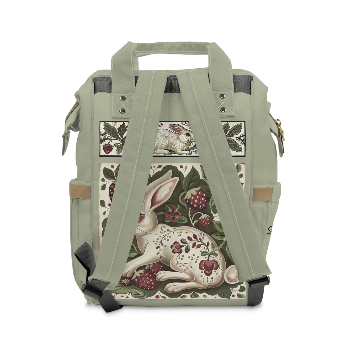 Rabbits and Berries Diaper Bag, Original Print Design Diaper Backpack, Ivory, Sage Green, Rose Colors, Personalized Baby Shower Gift - FlooredByArt