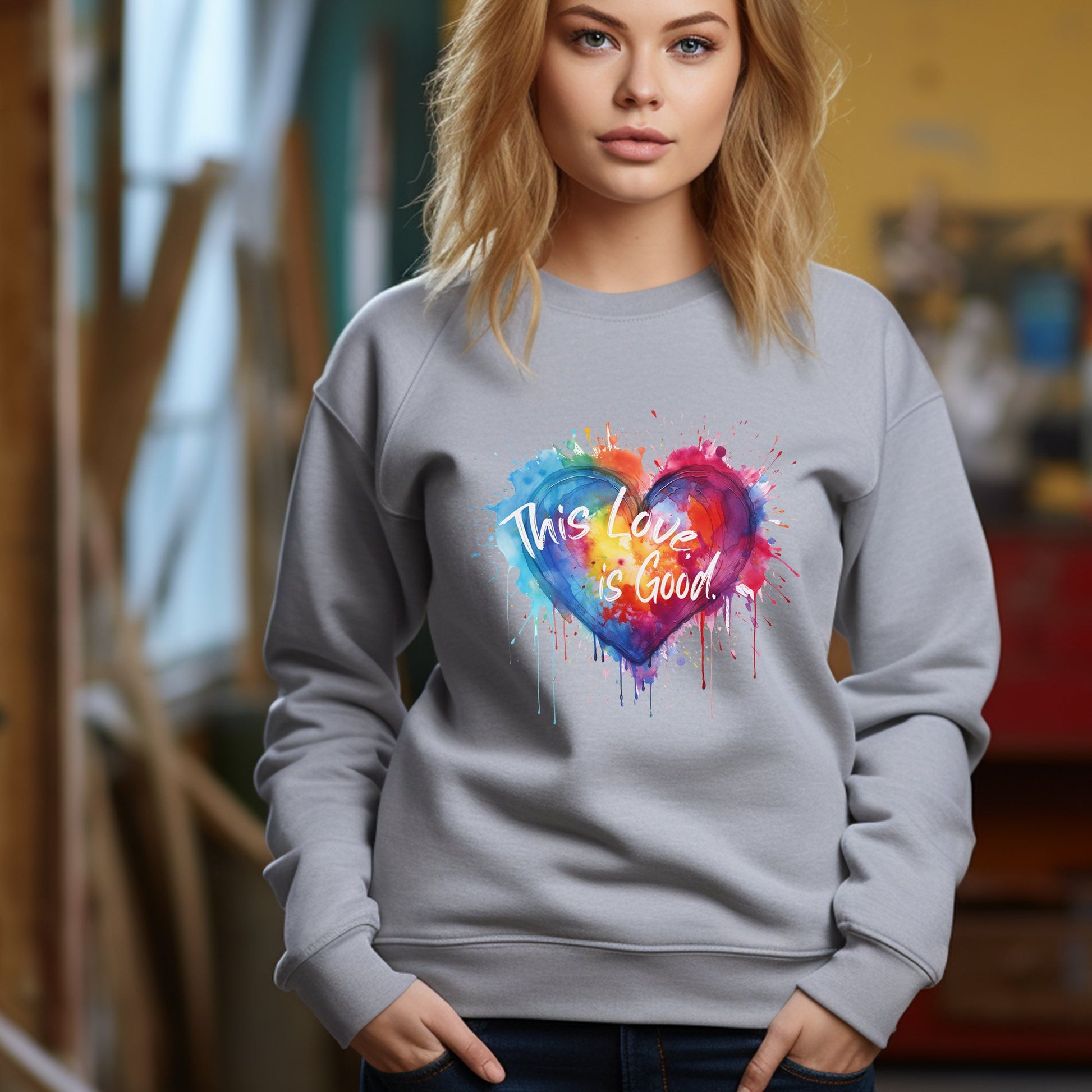 Rainbow Heart Sweatshirt: 'This Love, is Good', Wearable Watercolor Art - FlooredByArt