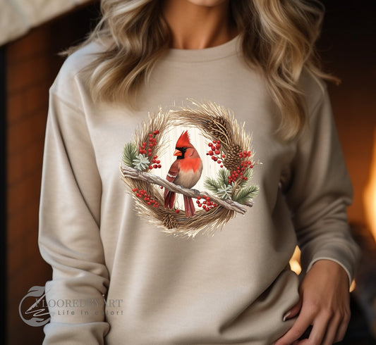 Red Cardinal Sweatshirt (Style 2), Christmas Cardinal and Wreath Sweater - FlooredByArt