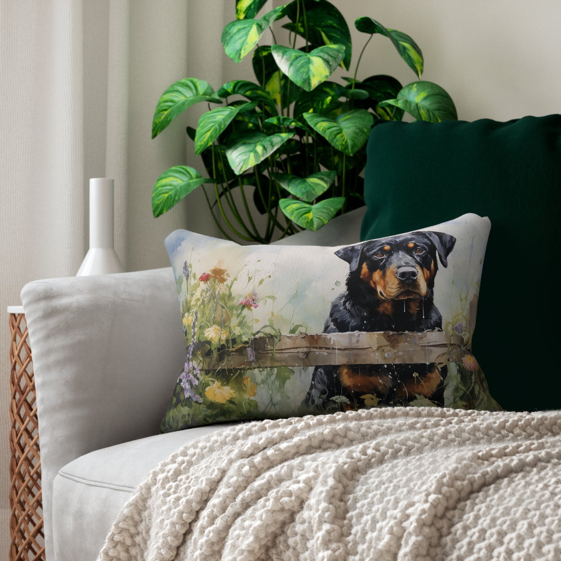 Rottweiler Dog Throw Pillow, Lumbar Pillow, Lovely Rottweiler in Garden Home, Lumbar Support Unique Home Accent Pillow, Elegant Any Room - FlooredByArt
