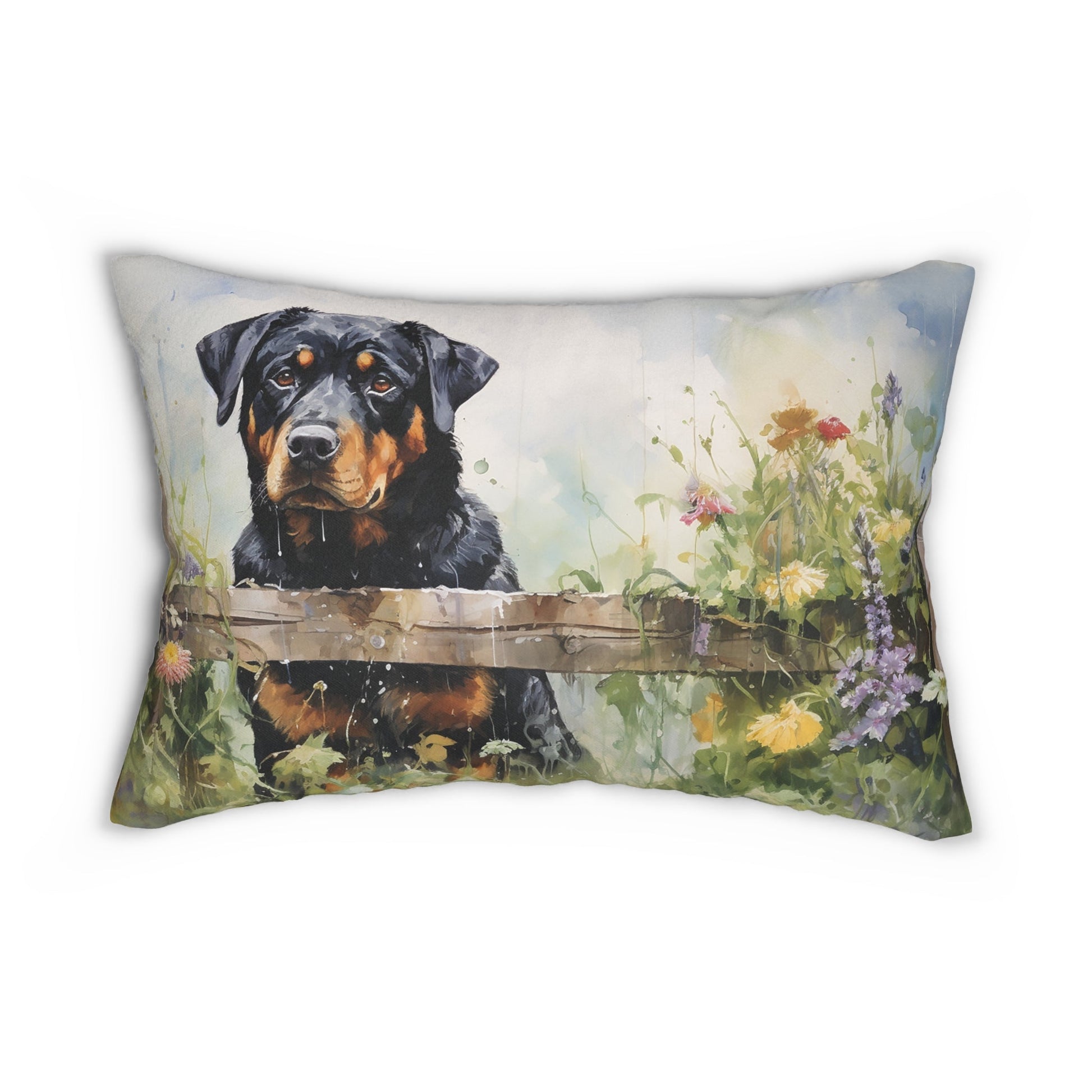 Rottweiler Dog Throw Pillow, Lumbar Pillow, Lovely Rottweiler in Garden Home, Lumbar Support Unique Home Accent Pillow, Elegant Any Room - FlooredByArt