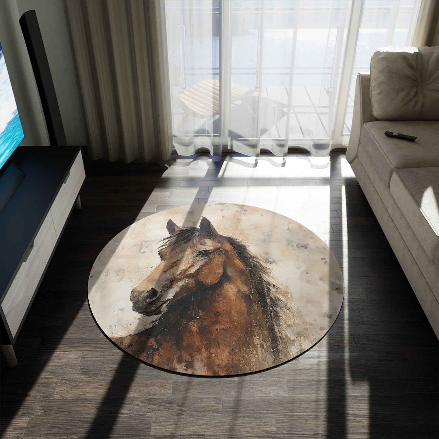 Round Dark Horse Mustang Cowboy Rug, Art Horse 60" Round Carpet, Bay Horse Option, Accent Rug, Horse Lover, Boy Bedroom, Western Theme Decor - FlooredByArt