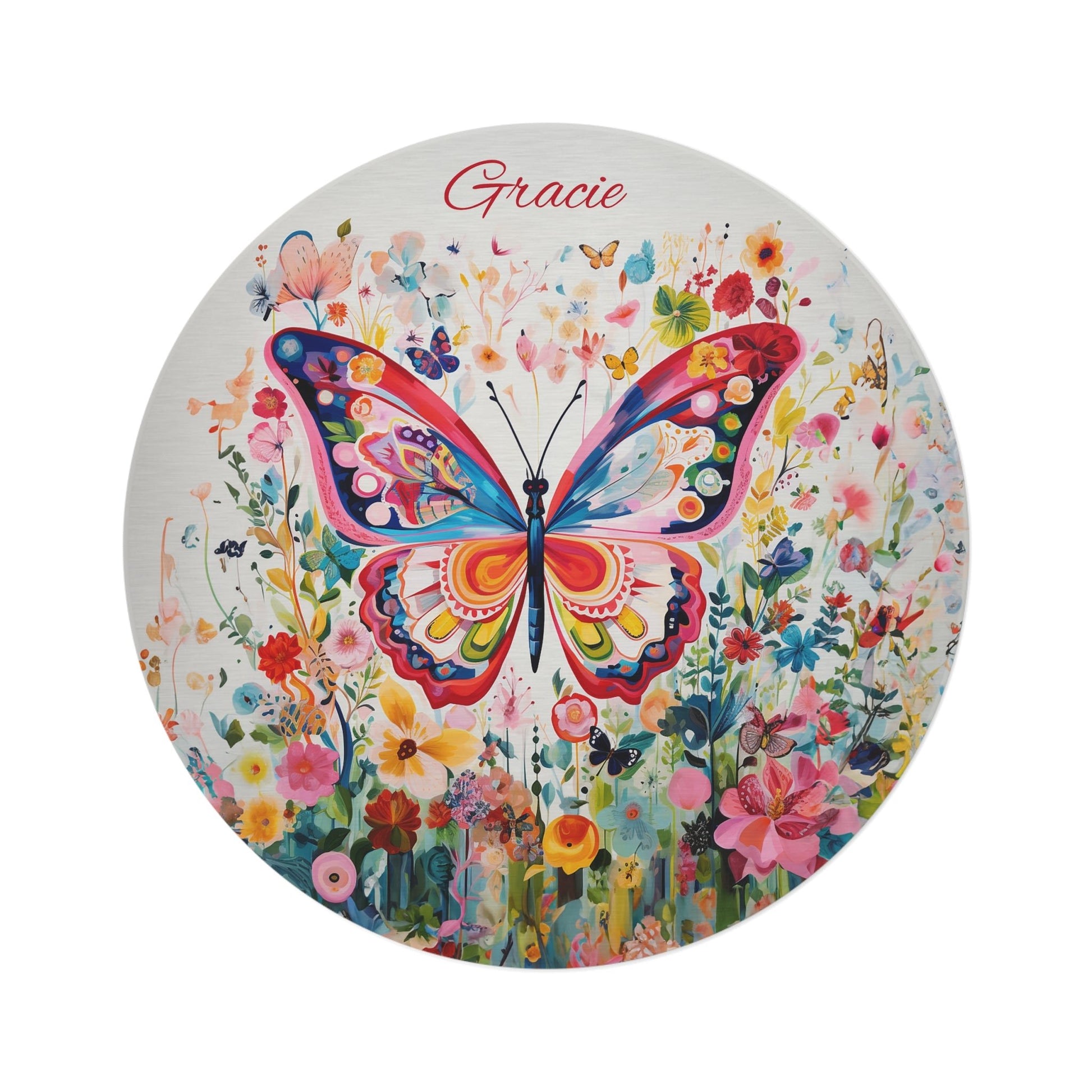 Round Garden Butterfly Rug, Personalized Cheerful Happy Rug 60" - FlooredByArt