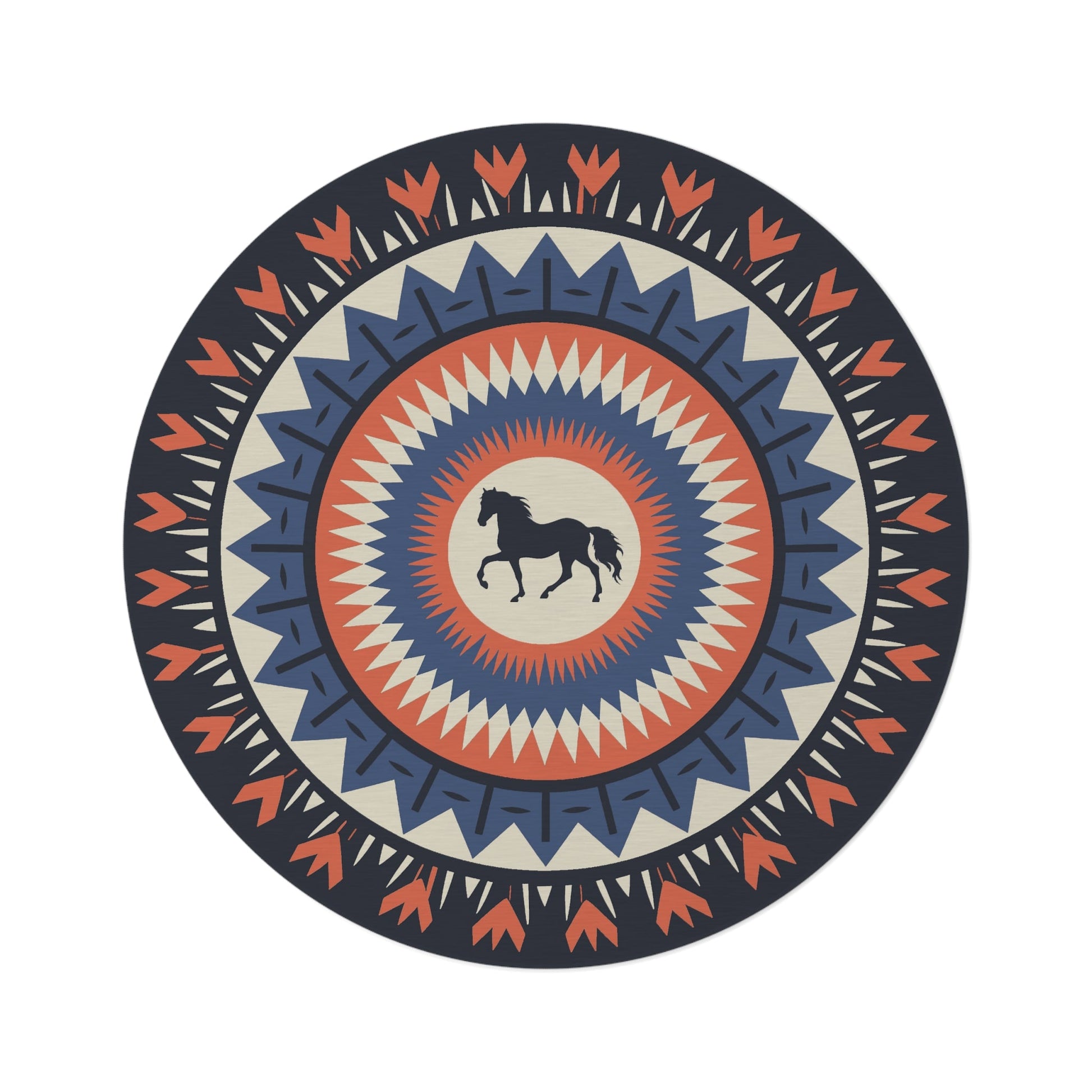 Round Horse Rug, Geometric Centered Horse, 60" Round Rug, Three Color Options - FlooredByArt