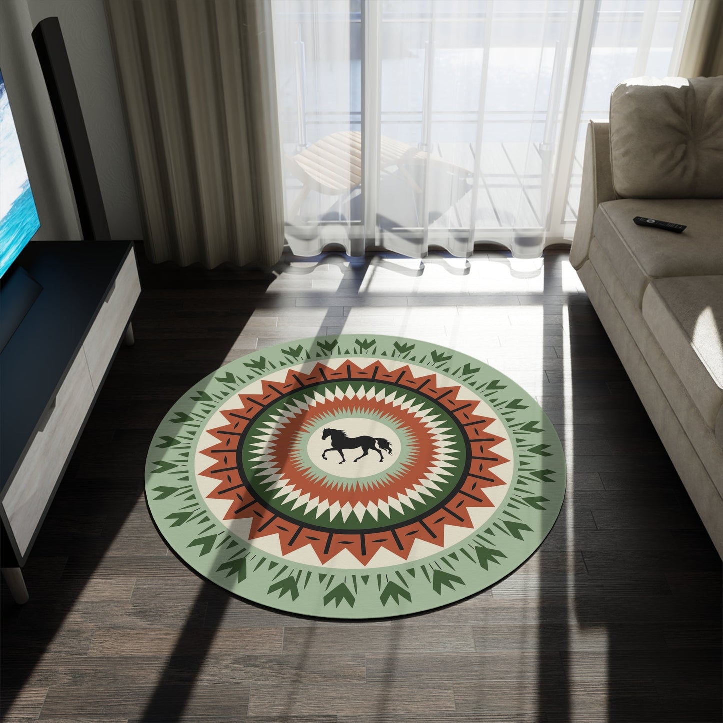 Round Horse Rug, Geometric Centered Horse, 60" Round Rug, Three Color Options - FlooredByArt
