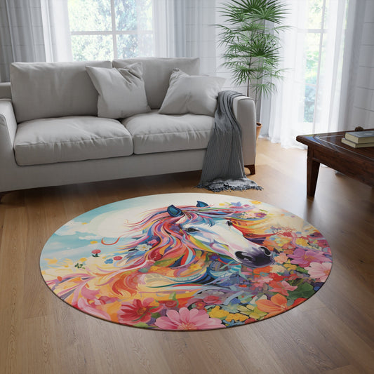 Round Horse Rug, Personalized Girls Dream Horse in Garden, 60" - FlooredByArt