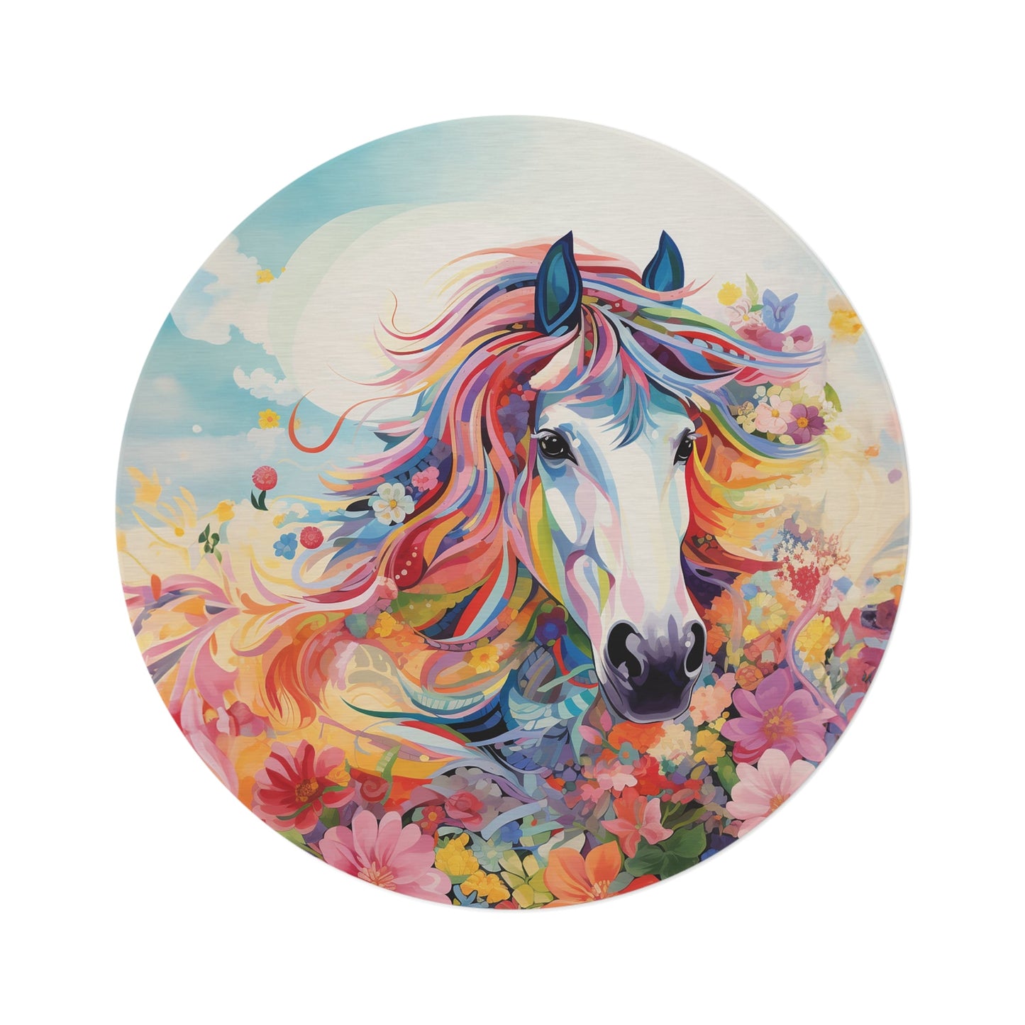 Round Horse Rug, Personalized Girls Dream Horse in Garden, 60" - FlooredByArt
