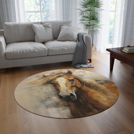 Round Mustang Horse Cowboy Rug, Art Horse 60" Round Carpet, Palomino Option, Accent Rug - FlooredByArt