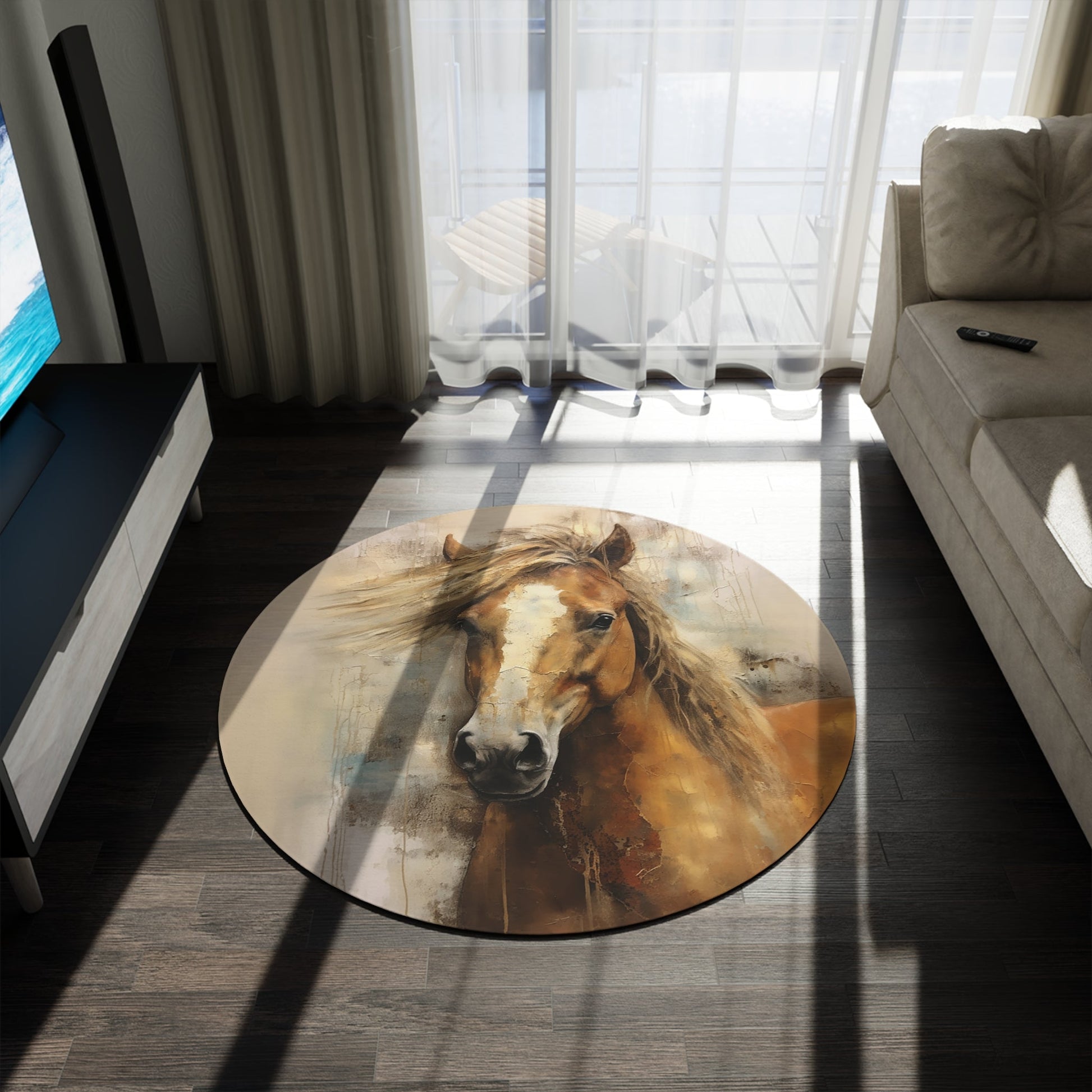 Round Mustang Horse Cowboy Rug, Art Horse 60" Round Carpet, Palomino Option, Accent Rug - FlooredByArt