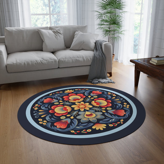 Round Scandi Garden Rug, Cheerful Folk Art Boho 60" Round Rug, Accent Rug, Decorative Room Carpet, Cheerful Bright Color, Flowers Rug - FlooredByArt