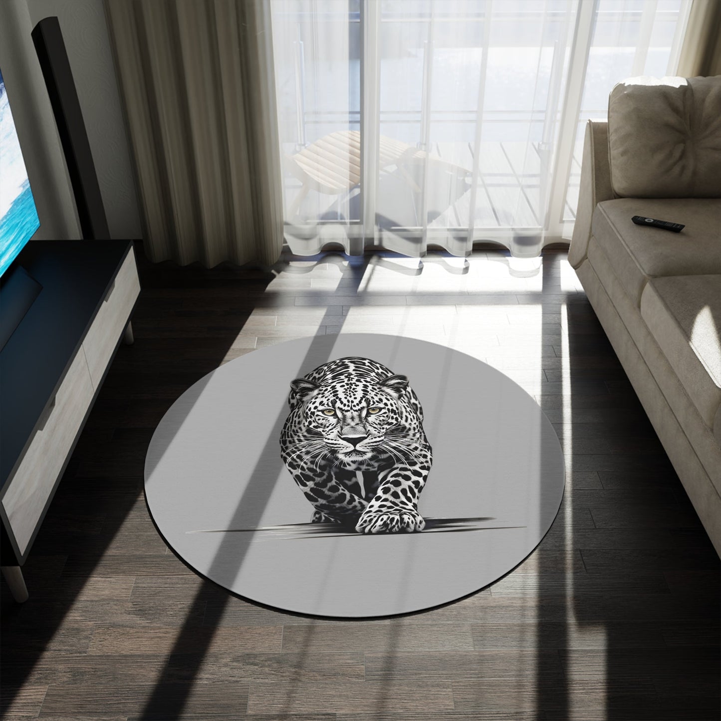 Round Snow Leopard Rug, Minimalist Big Cat 60" Round Rug, Accent Rug, 3 colors - FlooredByArt