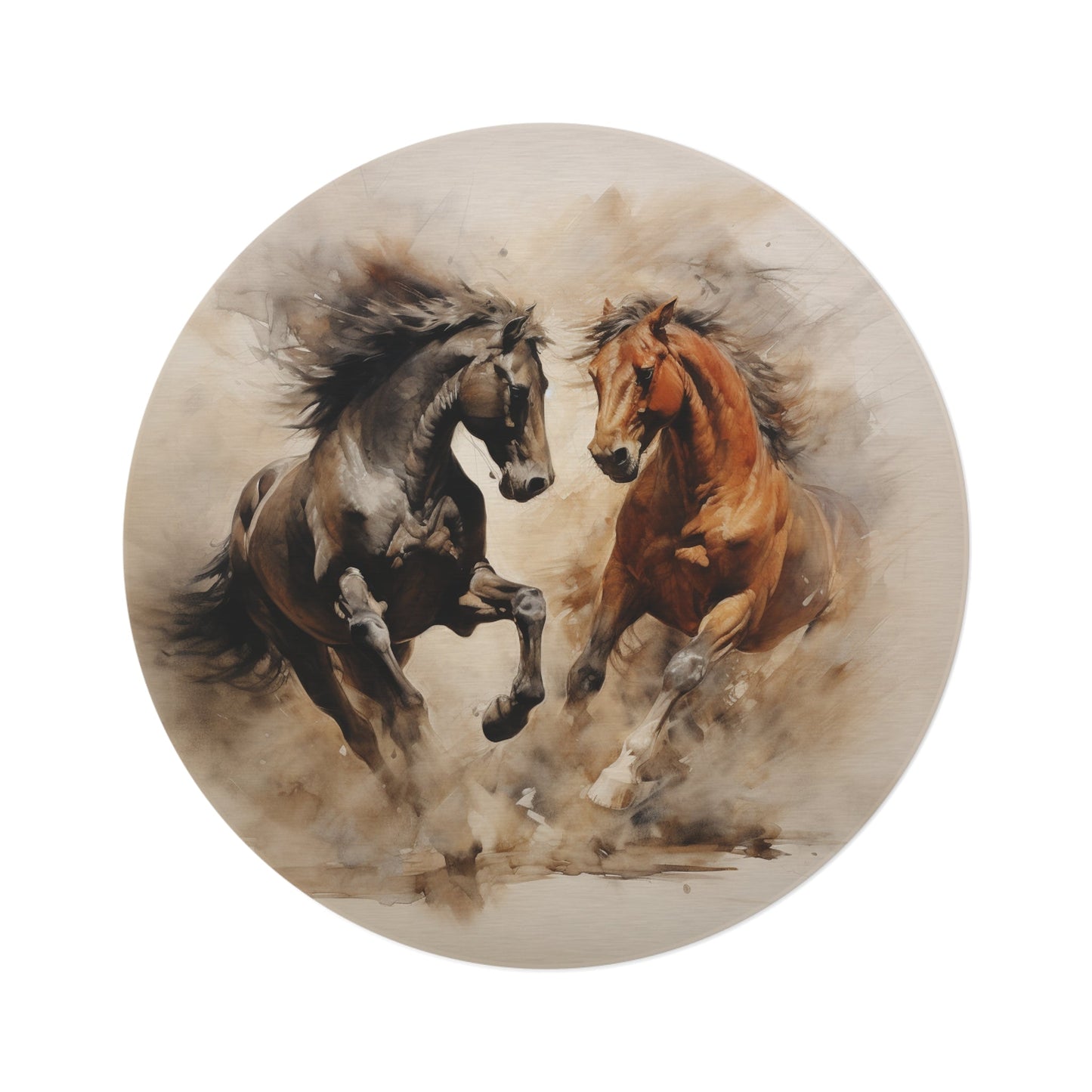 Round Stallions Horse Mustang Rug, 60" Round Carpet, Fighting Stallions - FlooredByArt